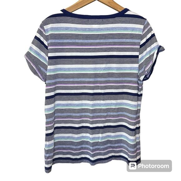 Liz Claiborne Multicolor Blue Striped Short Sleeve V Neck Split Crew Neck Top XL - Picture 2 of 3